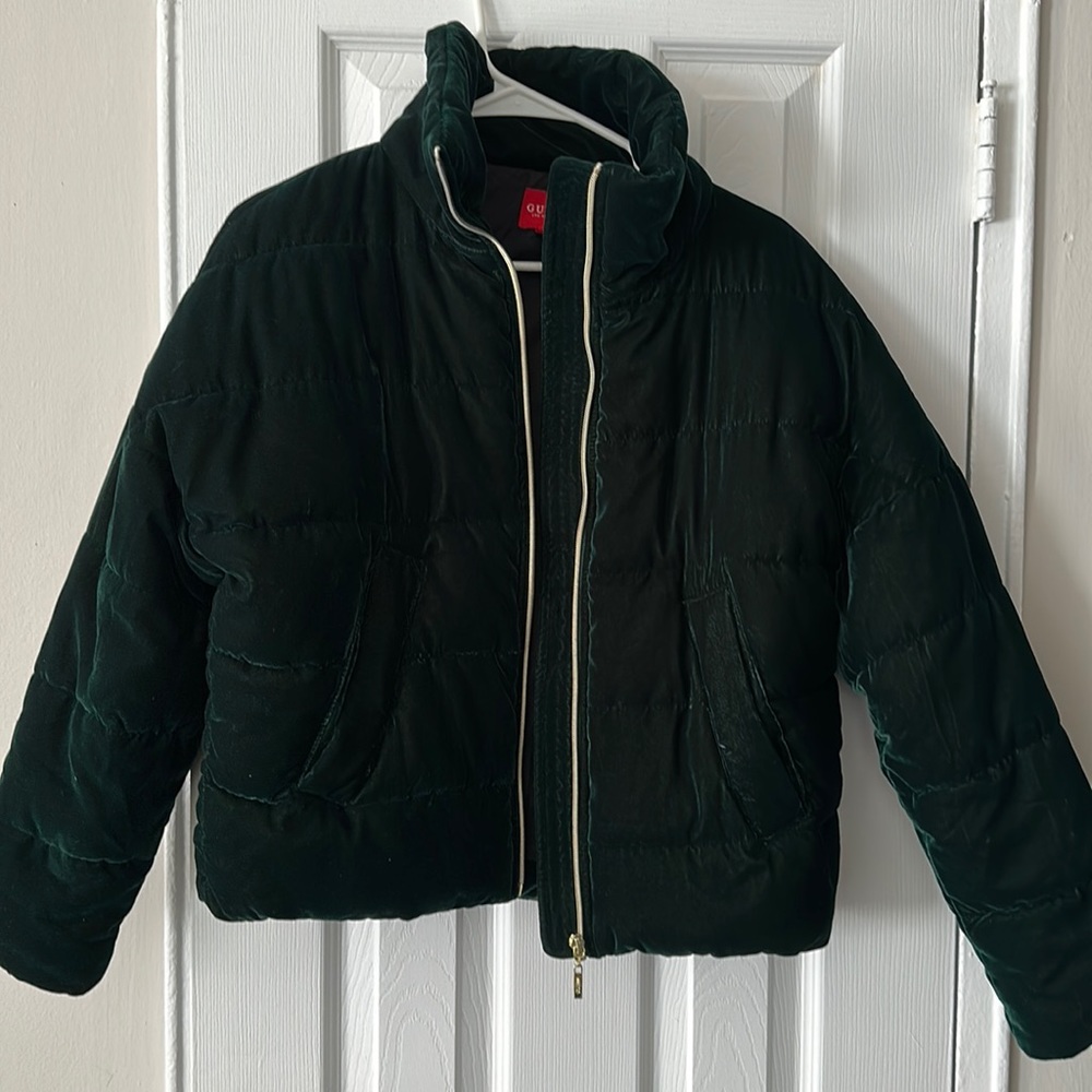 Velvet emerald green puffer Guess jacket